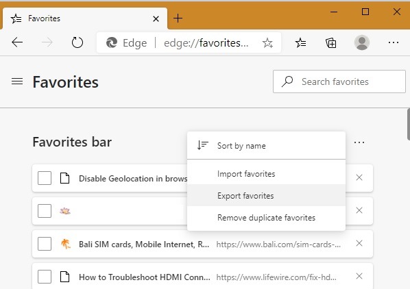 Edge Bookmarks Export Manage Favorites