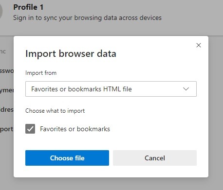 Edge Bookmarks Import Browser Popup
