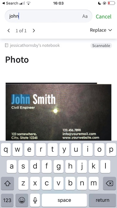 Searching for text inside an image, using the main Evernote application.