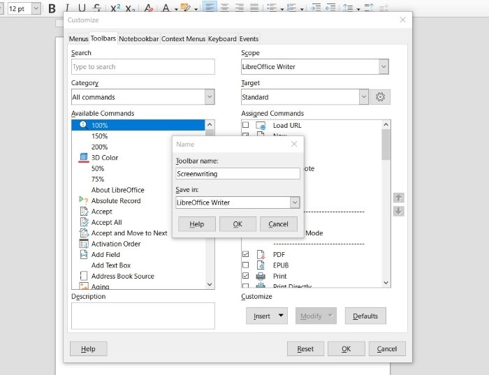Screenshot of the LibreOffice toolbar definition widget.