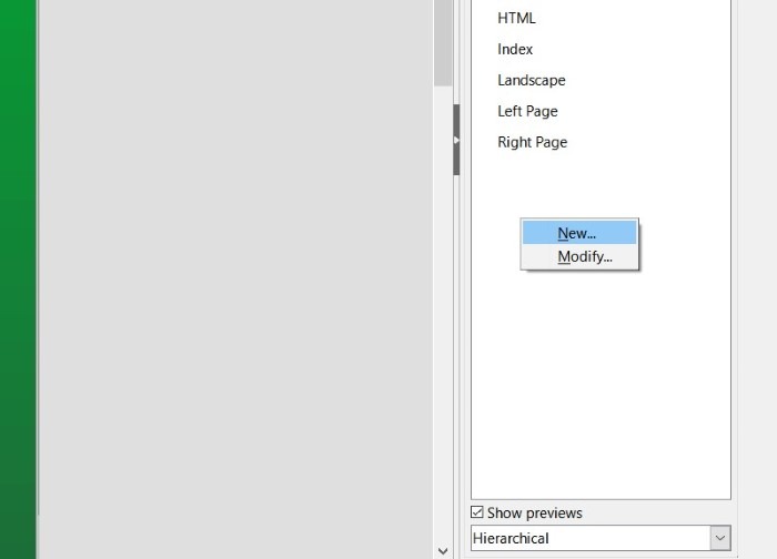 Screenshot of the New Style service menu in LibreOffice 7 Writer.