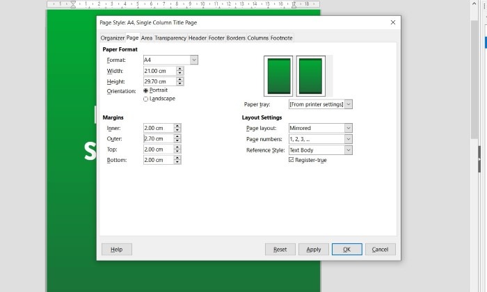 Screenshot showing the main page configuration options in LibreOffice 7's Page Styles editor.