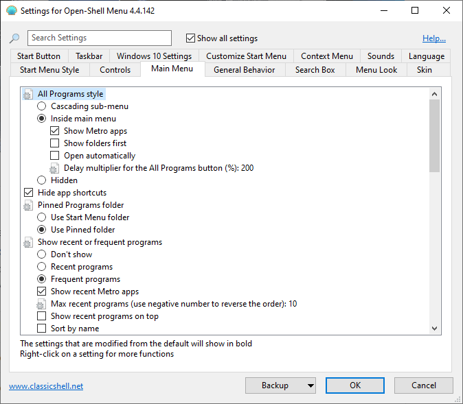 Open Shell Main Menu