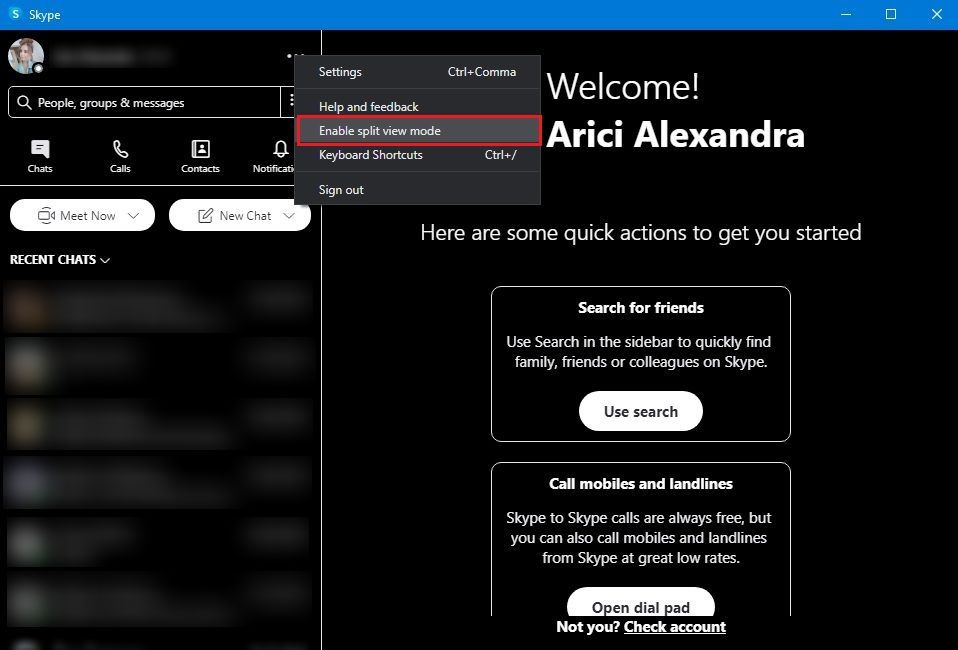 Skype Tricks Split View Mode