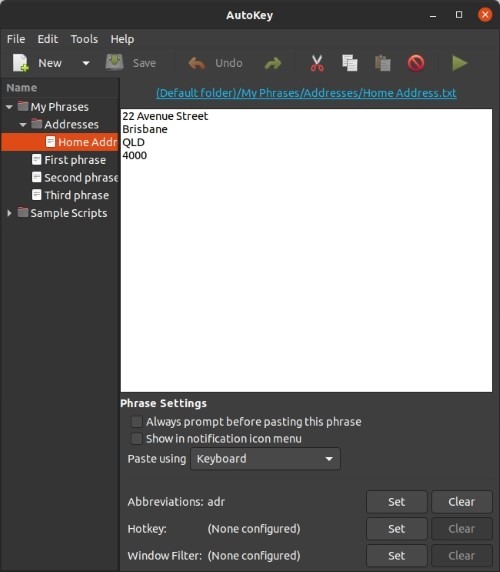 Make Linux Shortcuts With Autokey Default Address Snippet