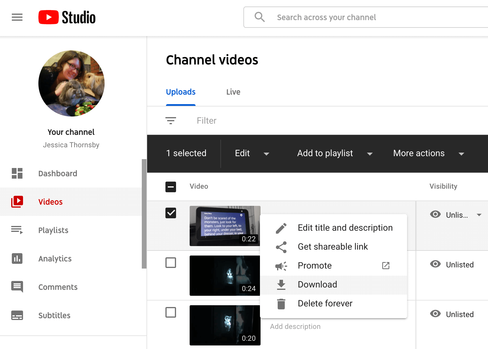 Downloading a YouTube video via YouTube Studio.
