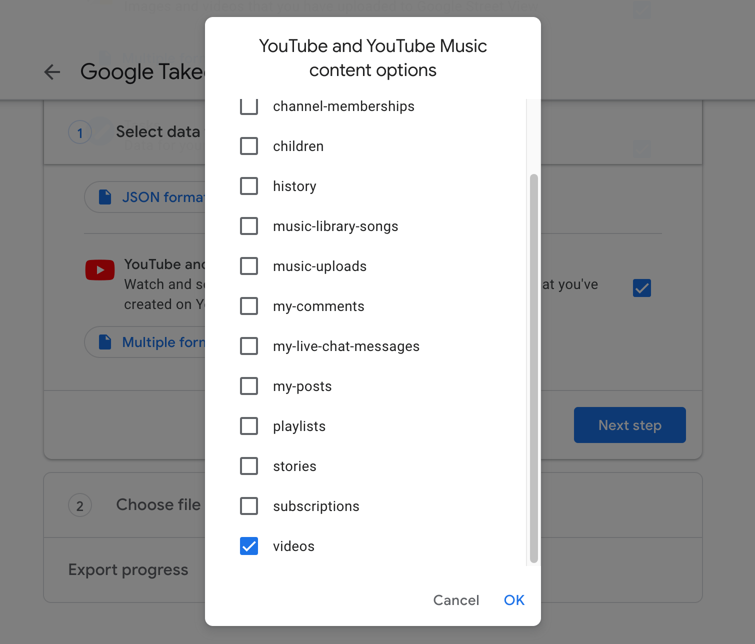 Exporting YouTube videos and data, via Google Takeout.