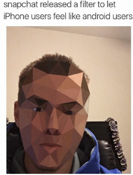 Meme highlighting fictional iPhone filter for Snapchat. 