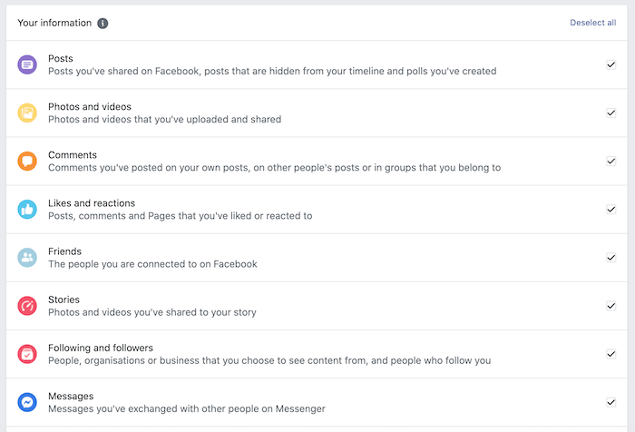 You can download a wide range of data from your Facebook account.