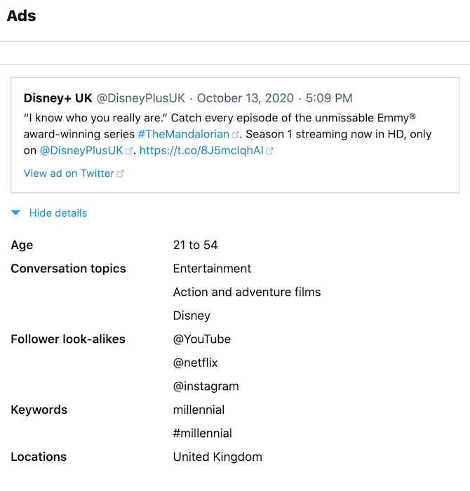 Twitter's data download includes detailed advertising information. 