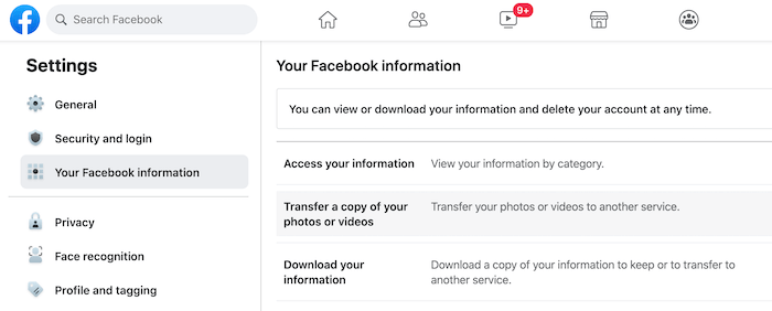 In the left-hand menu, select "Your Facebook information."