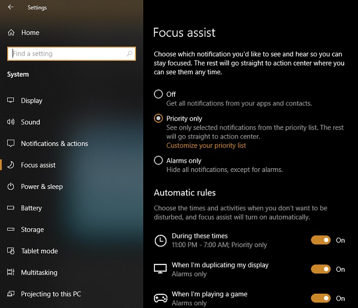 Focus Assist Main Screen