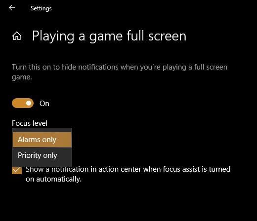 Focus Assist Playing Game Fullscreen 1