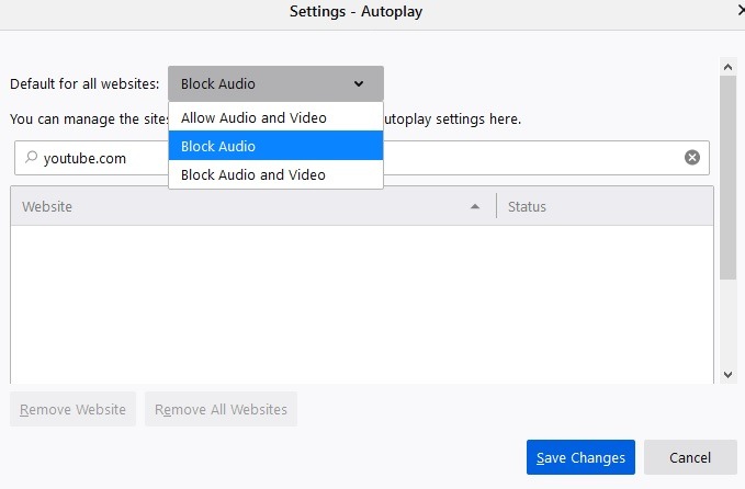 Mute Browsers Firefox Block Settings