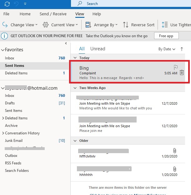 Outlook Client Recall Click Sent Items