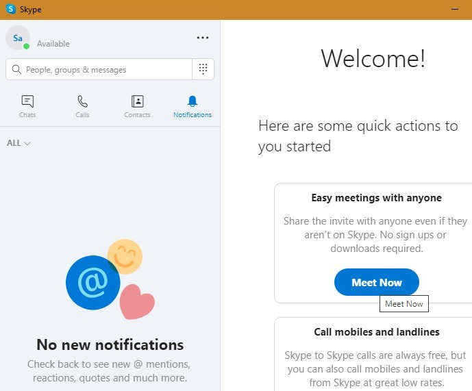 Skype Meet Now Launch Quick Actions