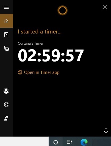 Windows10 Alarms Timers Cortana Timer Set