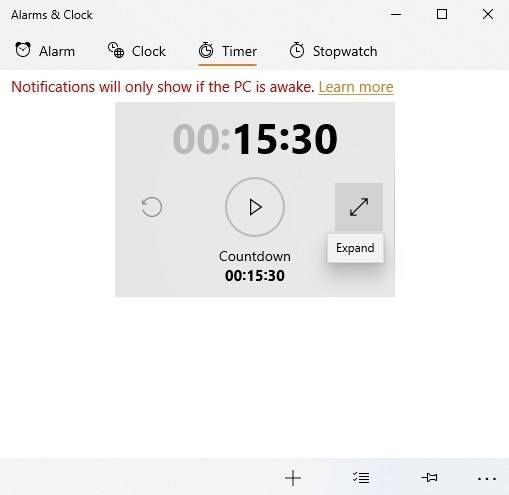Windows10 Alarms Timers Countdown Expand