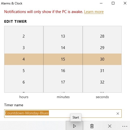 Windows10 Alarms Timers Countdown Set