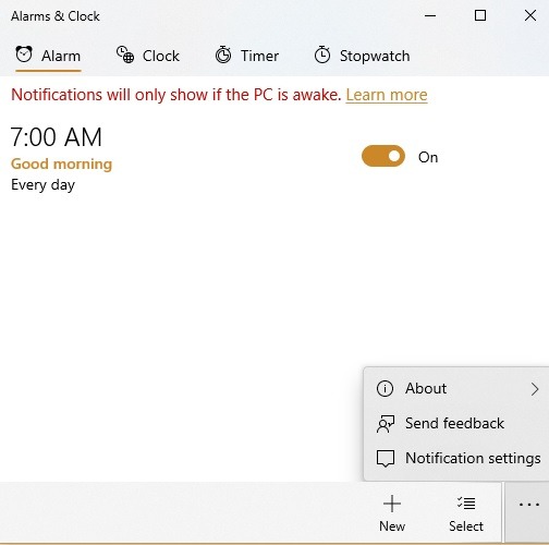 Windows10 Alarms Timers Settings