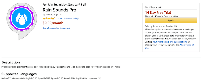 An Alexa Skill showcasing its In-Skill purchases.
