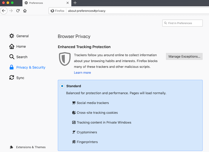 Mozilla Firefox's privacy and security settings. 