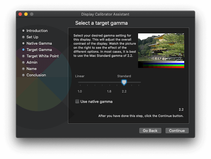 Setting the target gamma within the Display Calibrator Assistant.