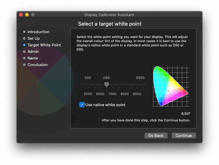 Setting the white point within the Display Calibrator Assistant.