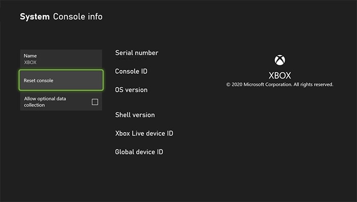 Factory Reset Xbox Console Info