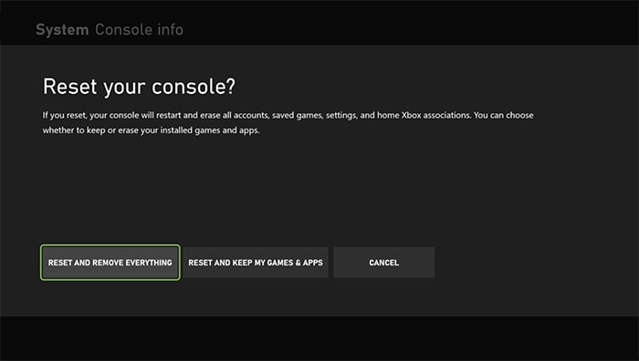 Factory Reset Xbox Options