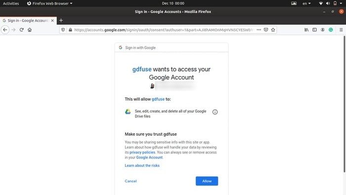 allowing gdfuse access to store backup files to google drive
