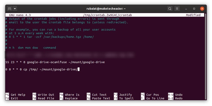 crontab entries for storing backup files to google drive