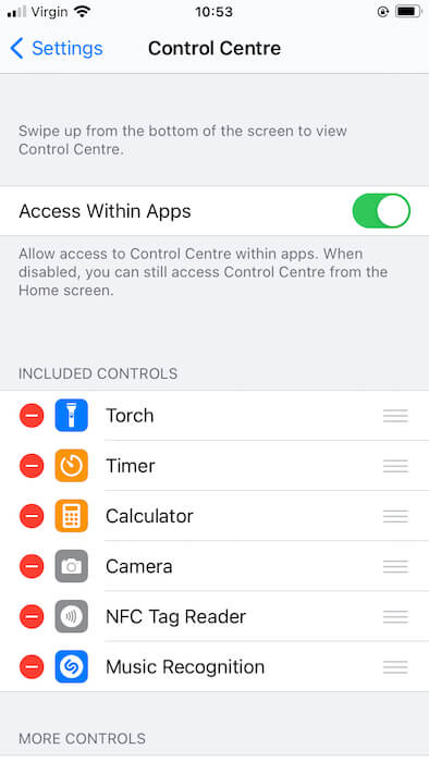 Shazam should now appear in the Control Center's "Included Controls" section. 