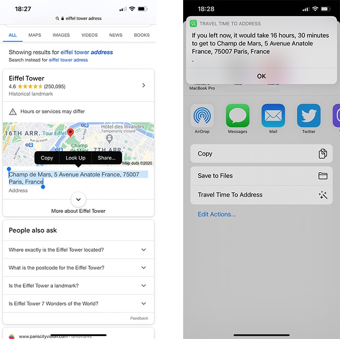 Siri Shortcuts Travel Time To Address