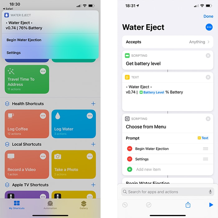 Siri Shortcuts Water Eject