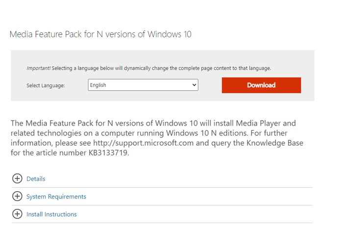 Downloading the Media Feature Pack for N versions of Windows 10.