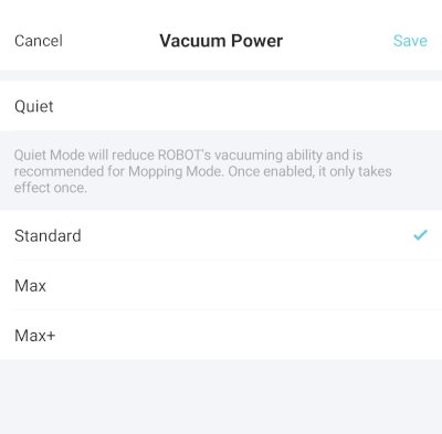 Yeedi App Vacuum Power