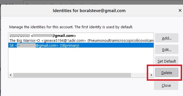 Thundebird Identities Delete