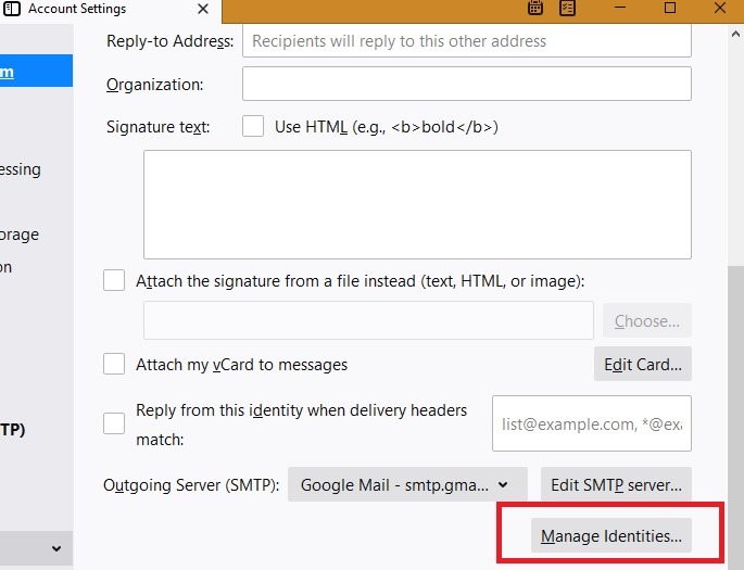 Thunderbird Identities Manage Identities