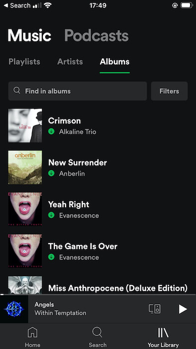 Spotify marks all your downloaded songs and playlists with a green iocn.