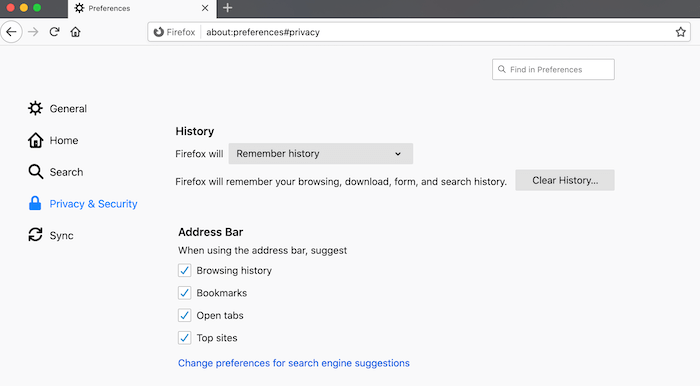 The Mozilla Firefox security and privacy menu. 