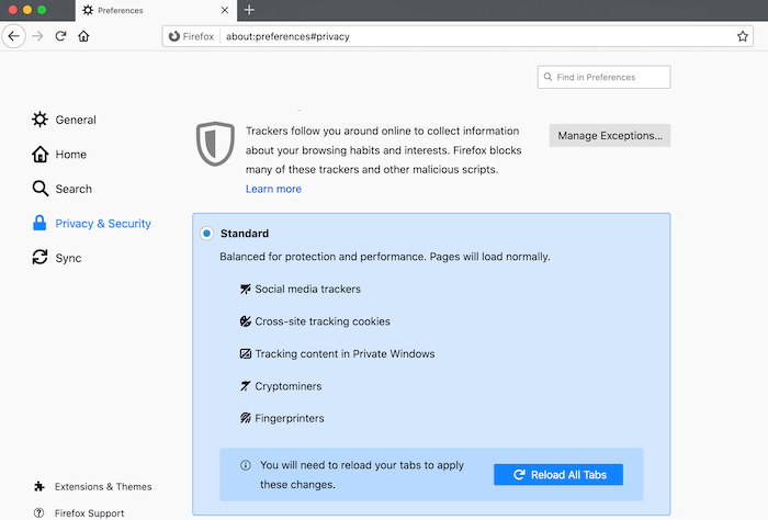 Mozilla Firefox users can choose between "Standard" and "Strict" security. 