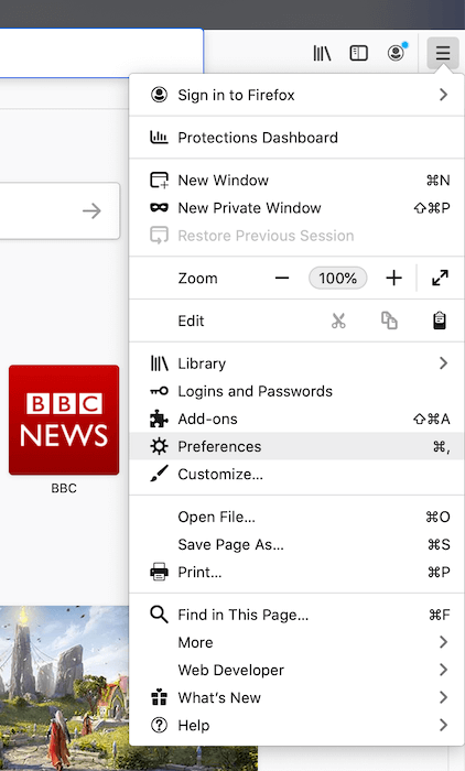 The Mozilla Firefox "Preferences" settings.