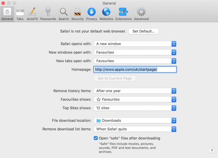 The Apple Safari "General" settings.