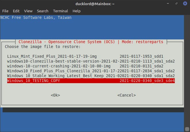 Clonezilla Alternate Destination Choose Editted Backup