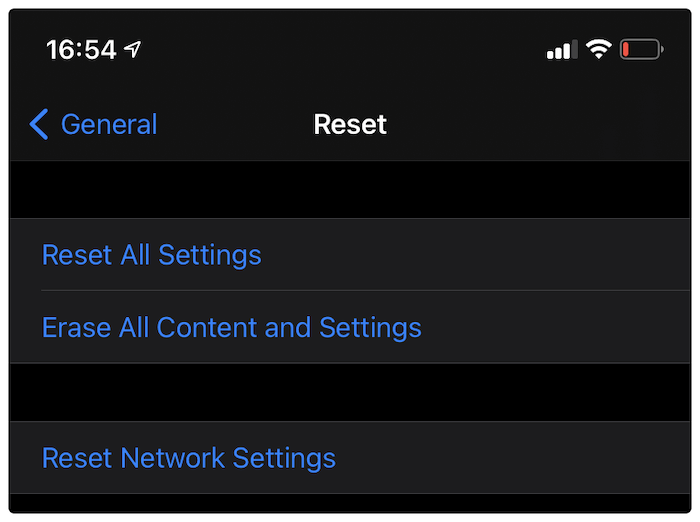 The Reset Settings screen.