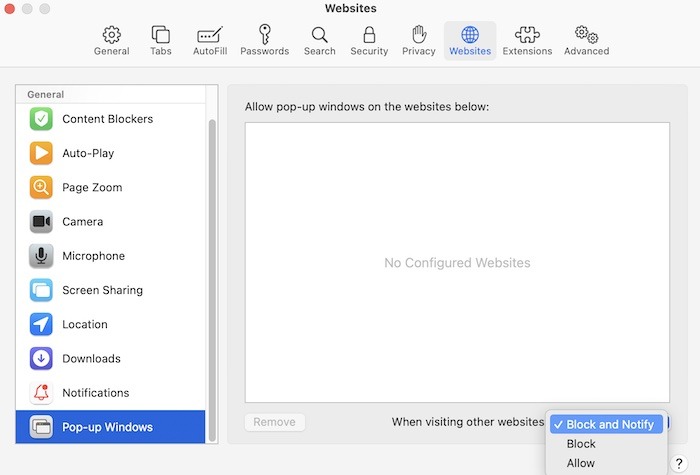 Block Allow Safari Pop Ups Preferences