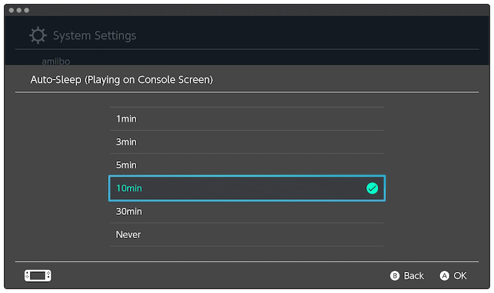 Choosing a Sleep Timer on the Nintendo Switch.