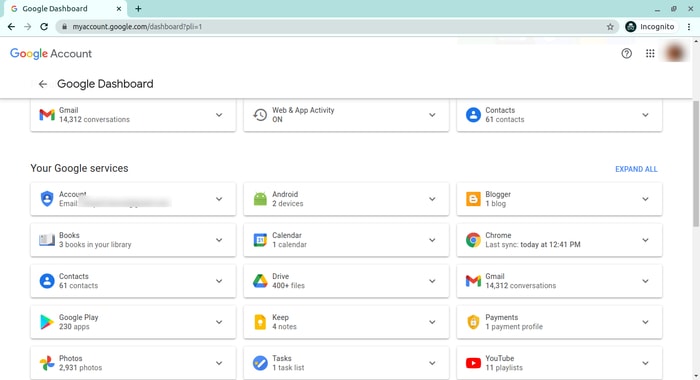 Delete Personal Data Google Dashboard