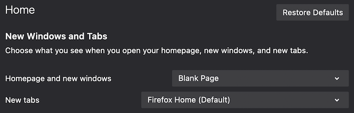 Setting a blank home page in Firefox.